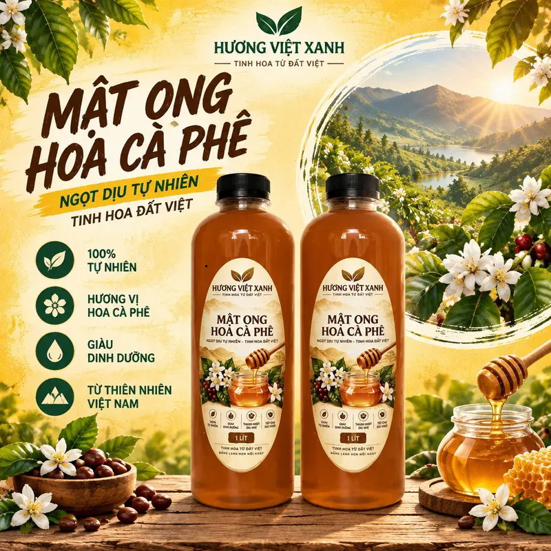 Combo 2 Chai Mật Ong Hoa Cà Phê 1 Lít Đắk Lắk - Đặc Sánh, Dùng Pha Nước Đắp Mặt - ảnh sản phẩm thật, nhãn Hương Việt Xanh