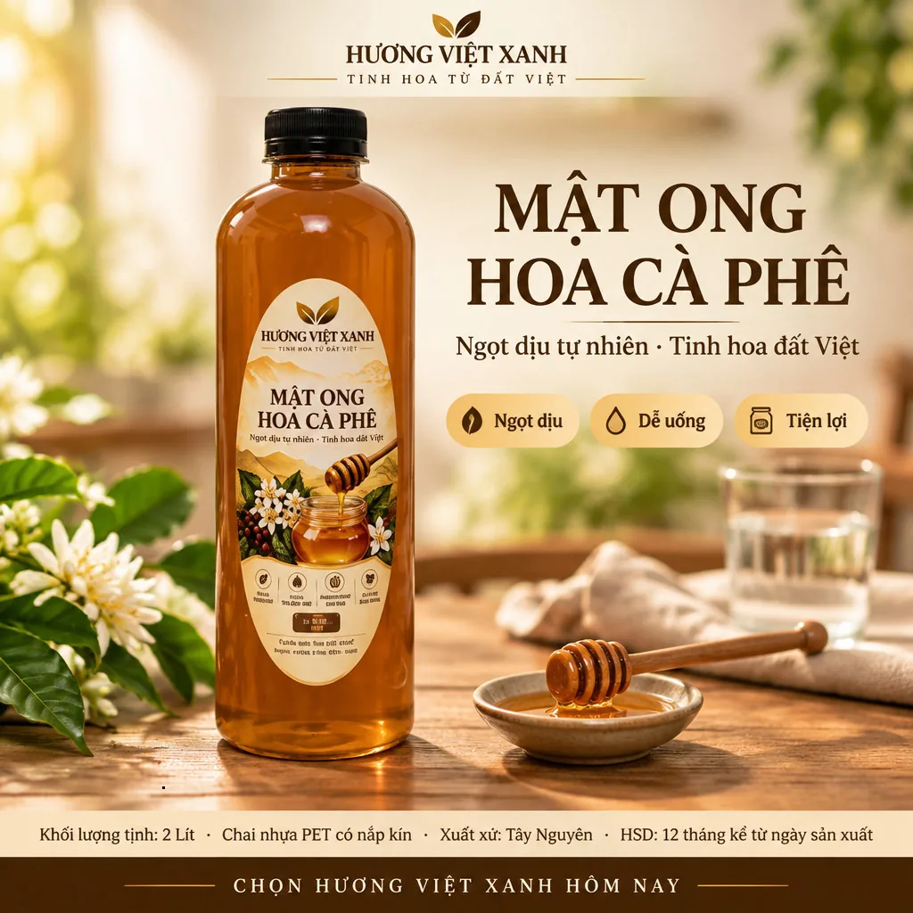 Combo 2 Chai Mật Ong Hoa Cà Phê 1 Lít Tây Nguyên - Nguyên Chất 100%, Không Đường - ảnh sản phẩm thật, nhãn in Hương Việt Xanh 1 lít