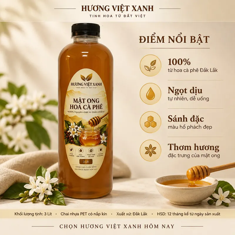 Combo 3 Chai Mật Ong Hoa Cà Phê 1 Lít Đắk Lắk - Nguyên Chất 100%, Không Đường - ảnh sản phẩm thật, nhãn Hương Việt Xanh