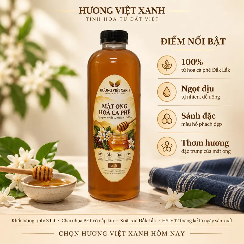 Combo 3 Chai Mật Ong Hoa Cà Phê 1 Lít Đắk Lắk - Sánh Đặc, Không Pha Đường - ảnh sản phẩm thật, nhãn Hương Việt Xanh