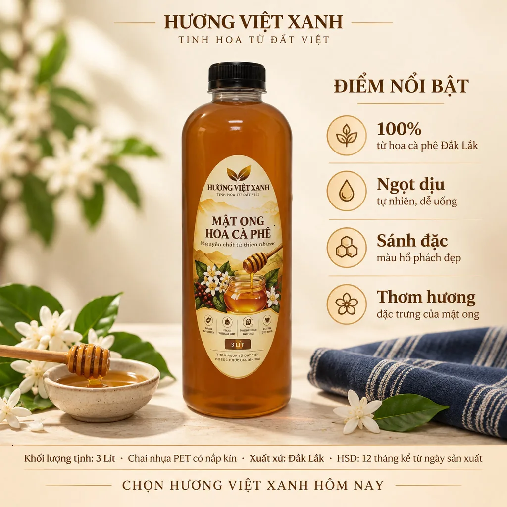 Combo 3 Chai Mật Ong Hoa Cà Phê 1 Lít Đắk Lắk - Sánh Đặc, Không Pha Đường - ảnh sản phẩm thật, nhãn in Hương Việt Xanh 1 lít