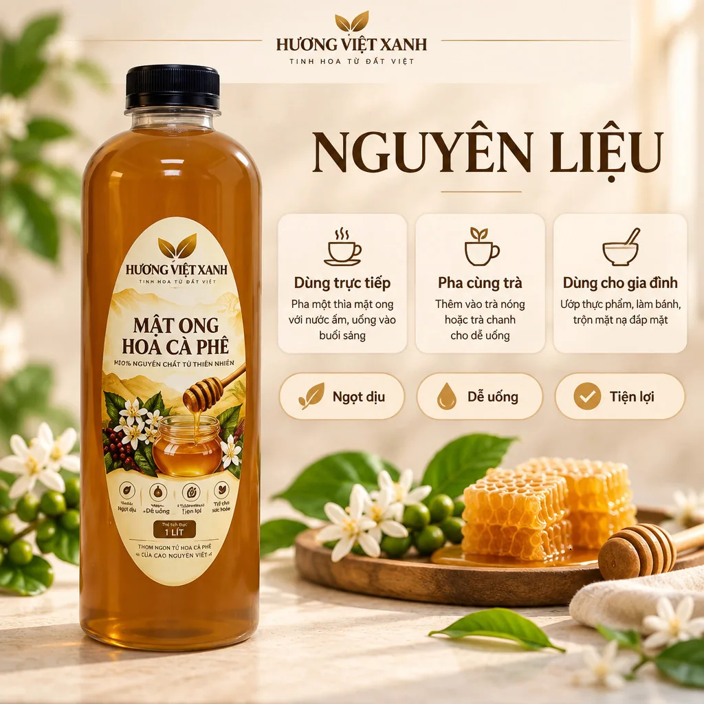Combo 3 Chai Mật Ong Hoa Cà Phê 1 Lít Đắk Lắk - Thơm Dịu, Màu Hổ Phách Đẹp - ảnh sản phẩm thật, nhãn in Hương Việt Xanh 1 lít