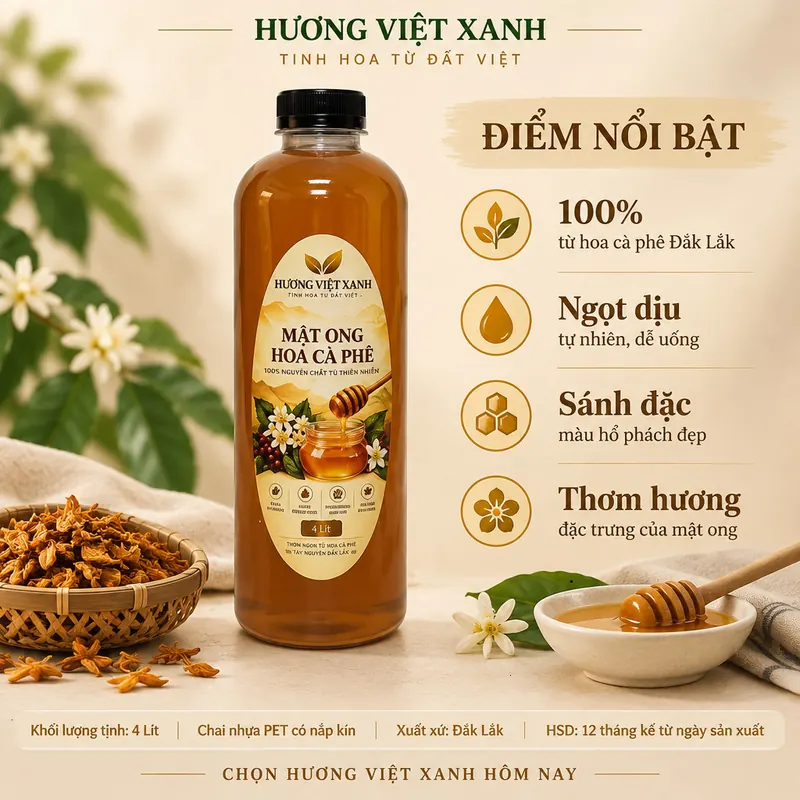 Combo 4 Chai Mật Ong Hoa Cà Phê 1 Lít Đắk Lắk - Thơm Dịu, Màu Hổ Phách Đẹp - ảnh sản phẩm thật, nhãn Hương Việt Xanh