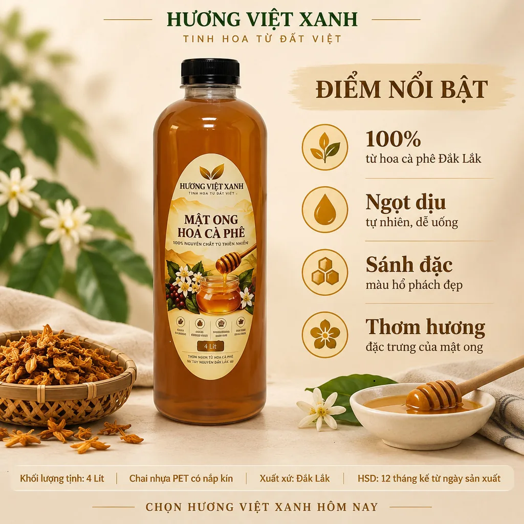 Combo 4 Chai Mật Ong Hoa Cà Phê 1 Lít Đắk Lắk - Thơm Dịu, Màu Hổ Phách Đẹp - ảnh sản phẩm thật, nhãn in Hương Việt Xanh 1 lít