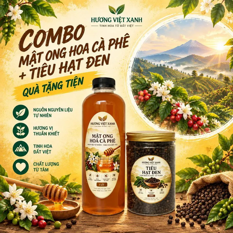 Combo Mật Ong Hoa Cà Phê 1 Lít + Tiêu Hạt Đen 500 Gram - Quà Tặng Tiện Lợi - ảnh sản phẩm thật, nhãn Hương Việt Xanh
