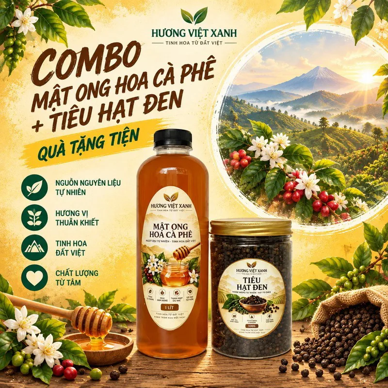 Combo Mật Ong Hoa Cà Phê 1 Lít + Tiêu Hạt Đen 500 Gram - Quà Tặng Tiện Lợi - ảnh sản phẩm thật, nhãn in Hương Việt Xanh