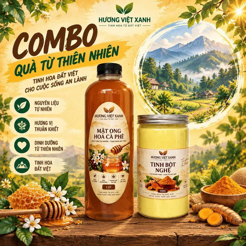 Combo Mật Ong Hoa Cà Phê 1 Lít + Tinh Bột Nghệ 500 Gram - Chính Hãng - ảnh sản phẩm thật, nhãn Hương Việt Xanh