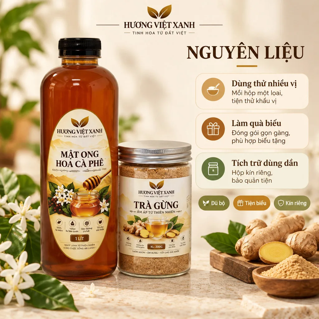 Combo Mật Ong Hoa Cà Phê 1 Lít + Trà Gừng 500 Gram - Combo Tiết Kiệm - ảnh sản phẩm thật, nhãn in Hương Việt Xanh 500 g