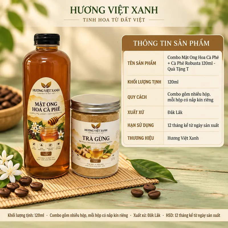 Combo Mật Ong Hoa Cà Phê + Cà Phê Robusta 120ml - Quà Tặng Tiện Lợi - ảnh sản phẩm thật, nhãn Hương Việt Xanh