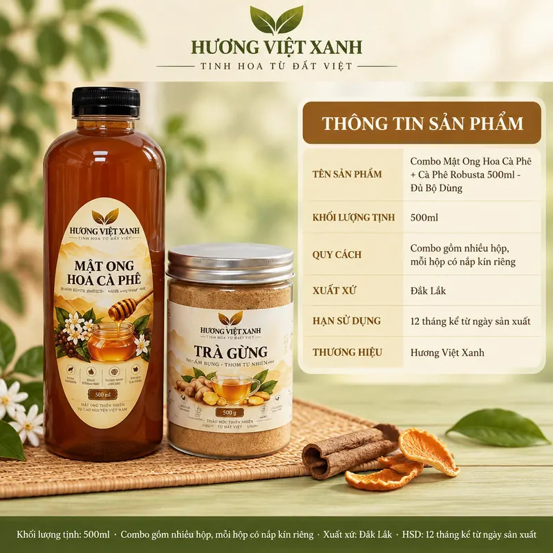 Combo Mật Ong Hoa Cà Phê + Cà Phê Robusta 500 Gram - Đủ Bộ Dùng Thử - ảnh sản phẩm thật, nhãn Hương Việt Xanh