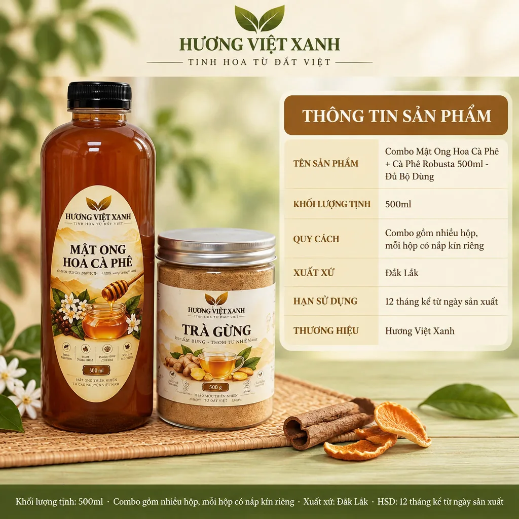 Combo Mật Ong Hoa Cà Phê + Cà Phê Robusta 500 Gram - Đủ Bộ Dùng Thử - ảnh sản phẩm thật, nhãn in Hương Việt Xanh 500 g