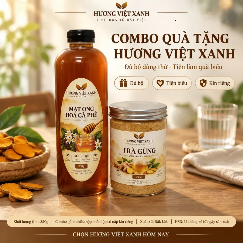 Combo Mật Ong Hoa Cà Phê + Trà Gừng Gió 350 gram - Đủ Bộ Dùng Thử - ảnh sản phẩm thật, nhãn Hương Việt Xanh