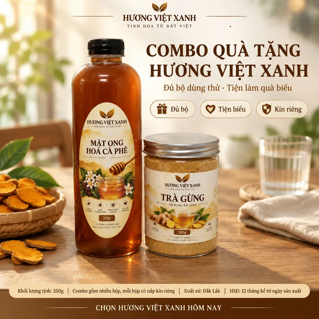 Combo Mật Ong Hoa Cà Phê + Trà Gừng Gió 350 gram - Đủ Bộ Dùng Thử - ảnh sản phẩm thật, nhãn in Hương Việt Xanh 350 g