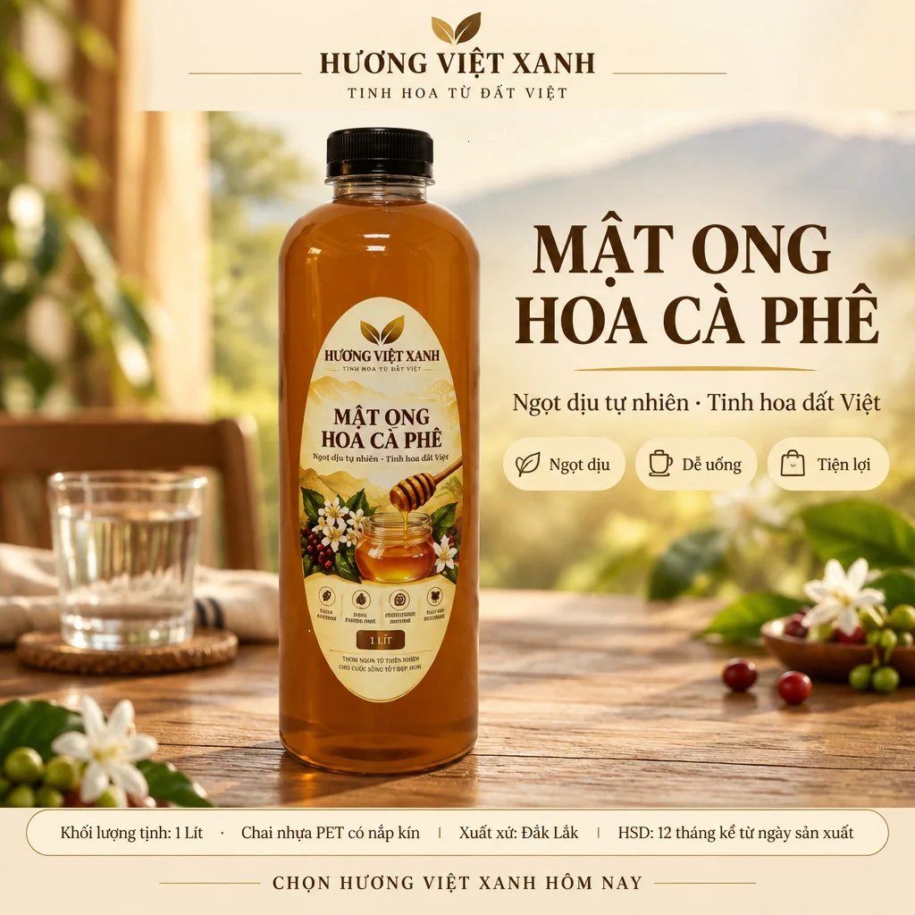 Mật ong hoa cà phê 1 lít Đắk Lắk – Hương Việt Xanh - ảnh sản phẩm thật, nhãn in Hương Việt Xanh 1 Lít