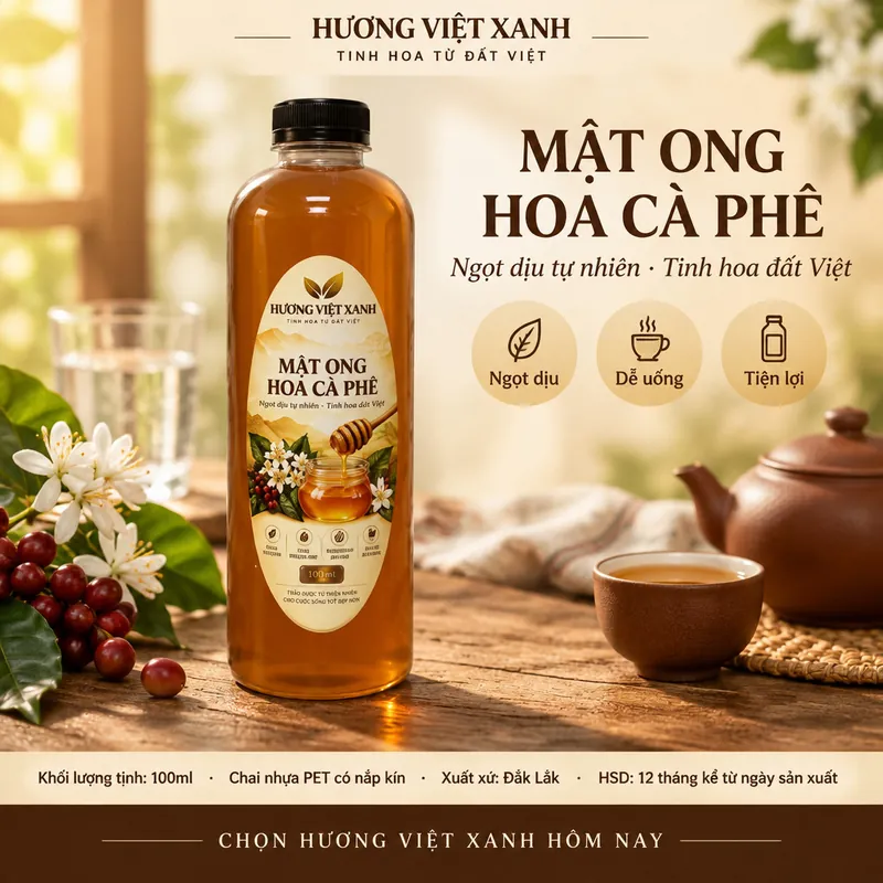 Mật ong hoa cà phê 100 ml Đắk Lắk – Hương Việt Xanh - ảnh sản phẩm thật, nhãn Hương Việt Xanh