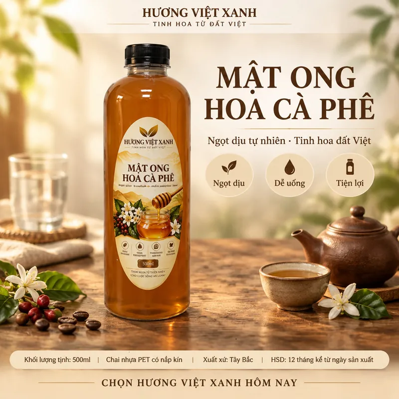 Mật ong hoa cà phê 500 ml Tây Bắc – Hương Việt Xanh - ảnh sản phẩm thật, nhãn Hương Việt Xanh