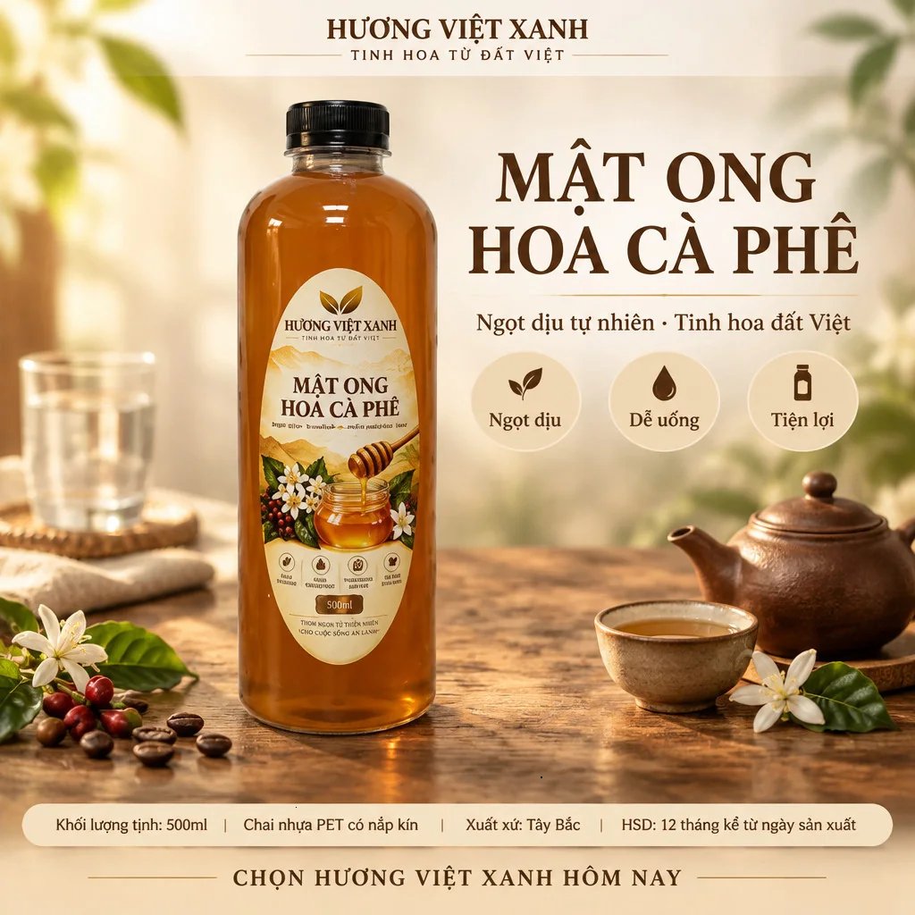 Mật ong hoa cà phê 500 ml Tây Bắc – Hương Việt Xanh - ảnh sản phẩm thật, nhãn in Hương Việt Xanh 500 ml