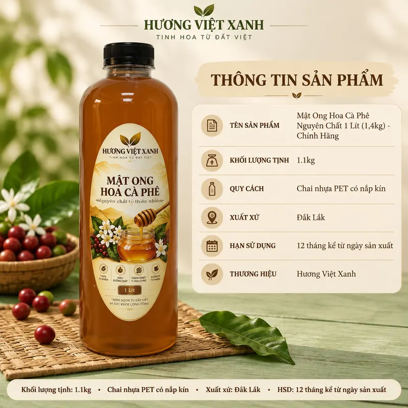 Mật Ong Hoa Cà Phê Nguyên Chất 1 Lít (1,4kg) - Chính Hãng - ảnh sản phẩm thật, nhãn Hương Việt Xanh