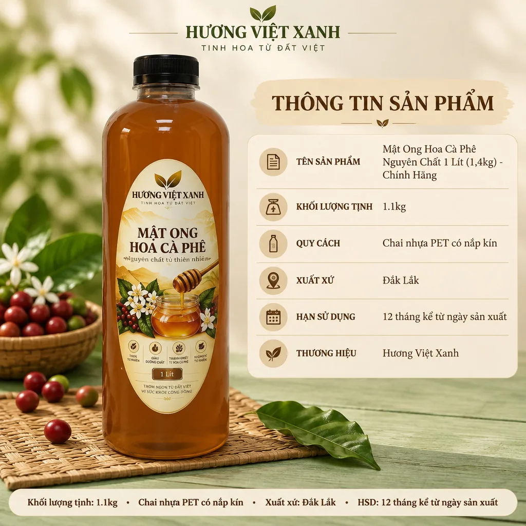 Mật Ong Hoa Cà Phê Nguyên Chất 1 Lít (1,4kg) - Chính Hãng - ảnh sản phẩm thật, nhãn in Hương Việt Xanh 1 lít