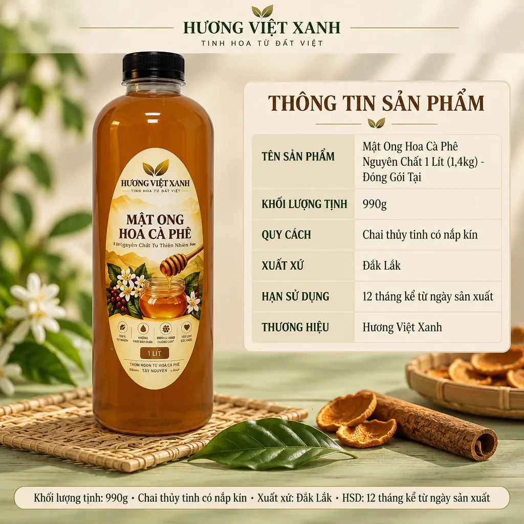 Mật Ong Hoa Cà Phê Nguyên Chất 1 Lít (1,4kg) - Đóng Gói Tại Xưởng - ảnh sản phẩm thật, nhãn in Hương Việt Xanh 1 lít