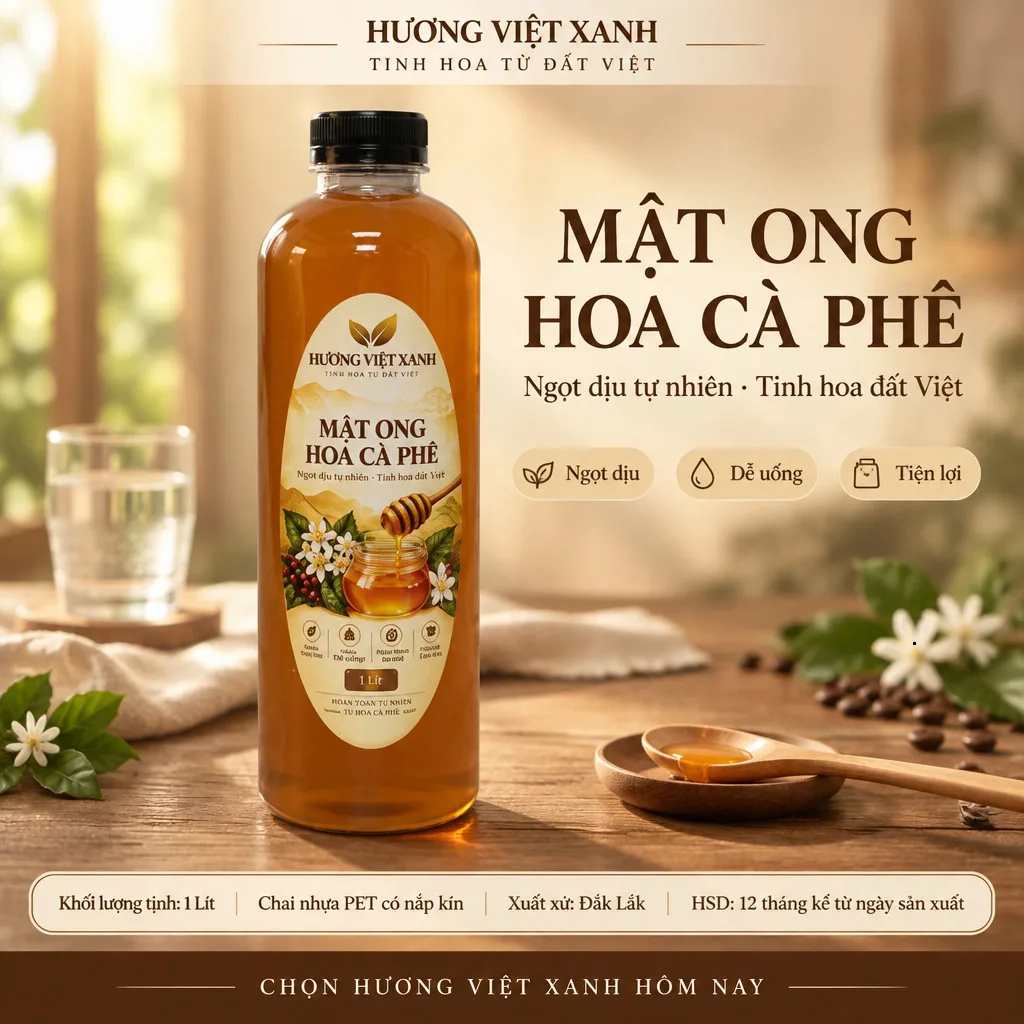 Mật Ong Hoa Cà Phê Nguyên Chất 1 Lít (1,4kg) - Mã HVX-MAT-BH-0048 - ảnh sản phẩm thật, nhãn in Hương Việt Xanh 1 lít