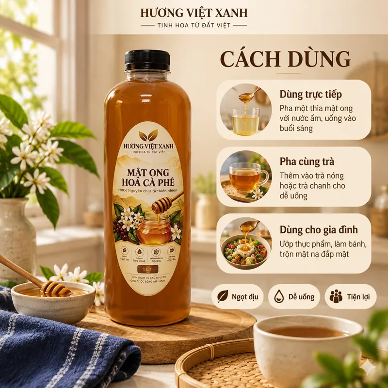 Mật Ong Hoa Cà Phê Nguyên Chất 1 Lít (1,4kg) - Mã HVX-MAT-CP-0029 - ảnh sản phẩm thật, nhãn Hương Việt Xanh
