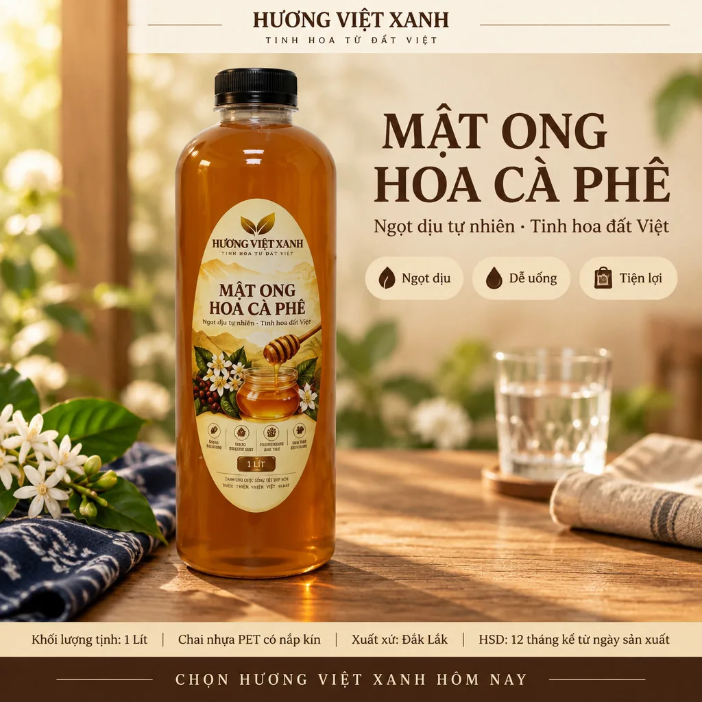 Mật Ong Hoa Cà Phê Nguyên Chất 1 Lít (1,4kg) - Mã HVX-MAT-CP-0057 - ảnh sản phẩm thật, nhãn in Hương Việt Xanh 1 lít