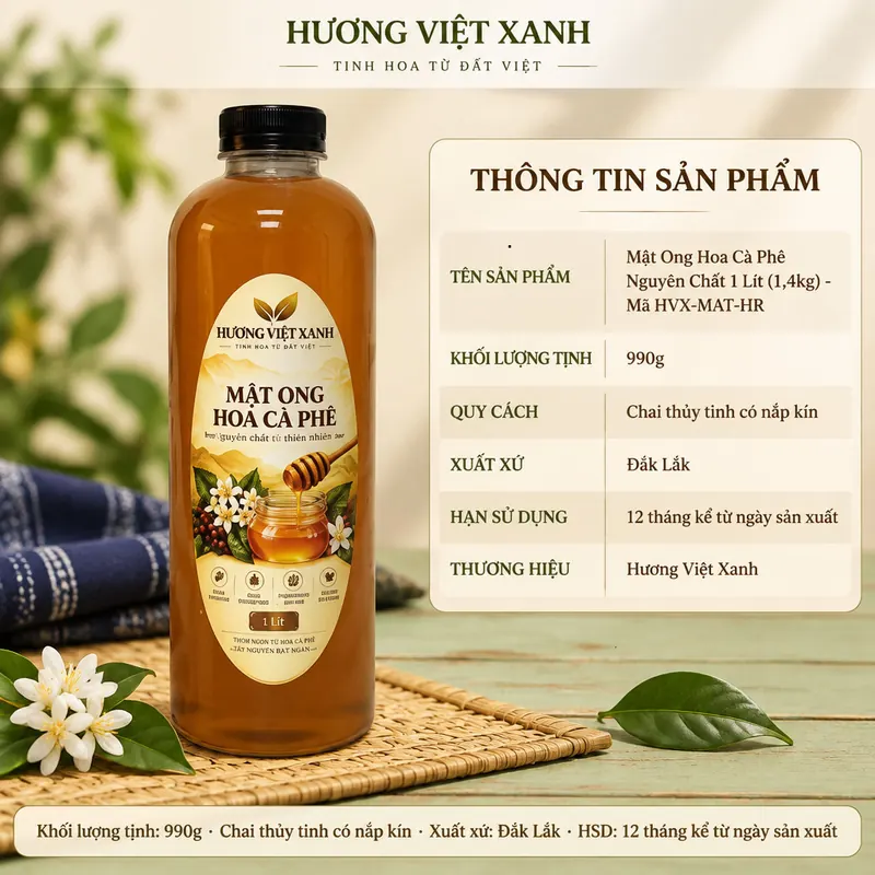 Mật Ong Hoa Cà Phê Nguyên Chất 1 Lít (1,4kg) - Mã HVX-MAT-HR-0056 - ảnh sản phẩm thật, nhãn Hương Việt Xanh