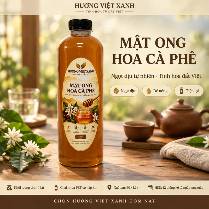 Mật Ong Hoa Cà Phê Nguyên Chất 1 Lít (1,4kg) - Mã HVX-MAT-RT-0042 - ảnh sản phẩm thật, nhãn Hương Việt Xanh