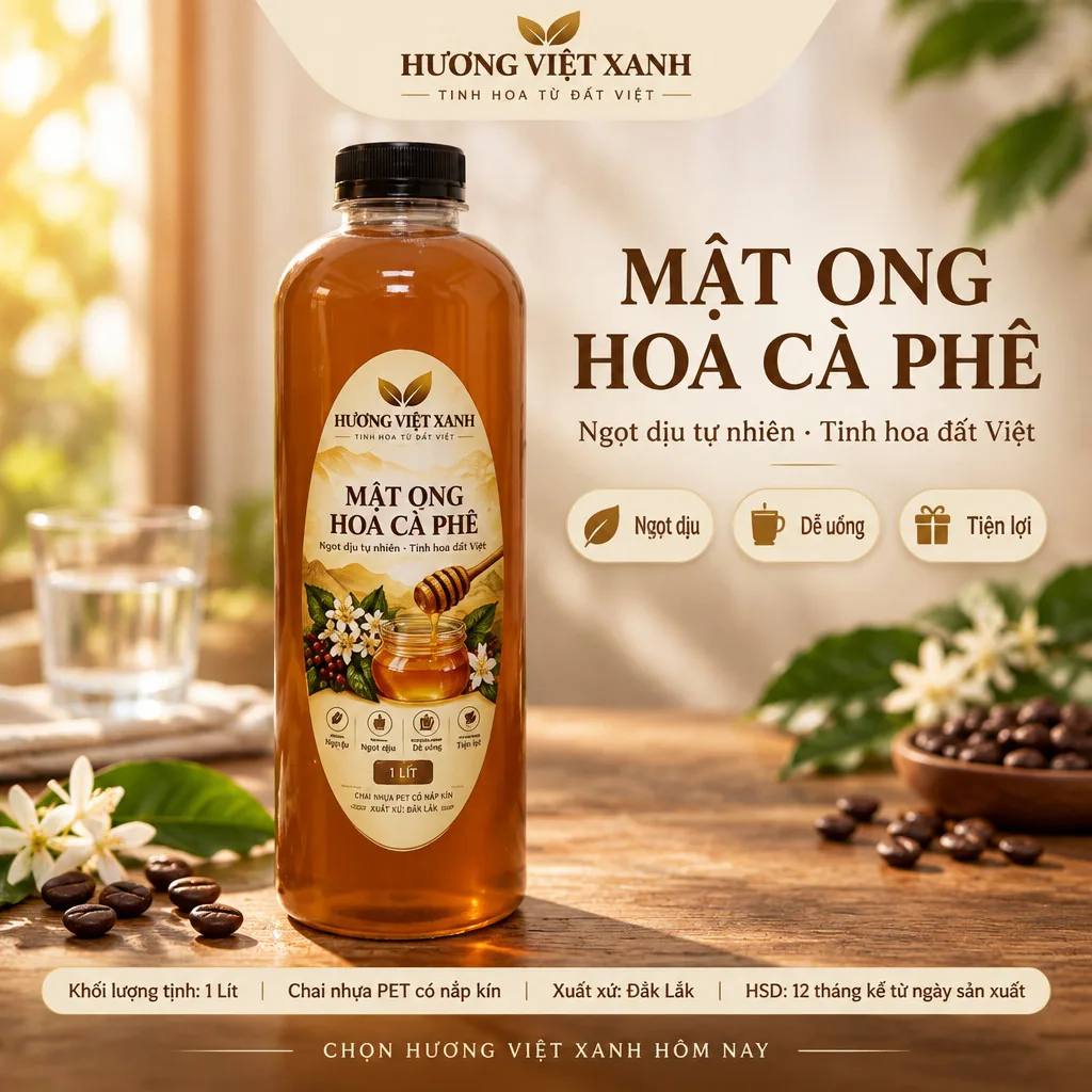 Mật Ong Hoa Cà Phê Nguyên Chất 1 Lít - Chính Hãng - ảnh sản phẩm thật, nhãn in Hương Việt Xanh 1 lít