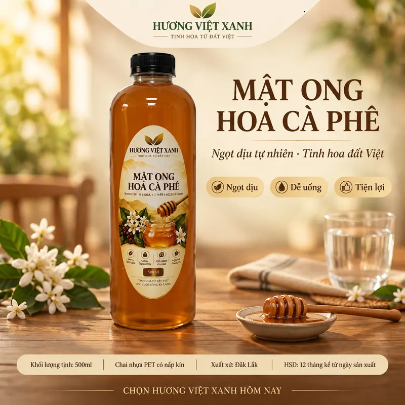 Mật Ong Hoa Cà Phê Nguyên Chất Đắk Lắk 0.5 Lít - Đặc Sánh, Dùng Pha Nước Đắp Mặt - ảnh sản phẩm thật, nhãn Hương Việt Xanh