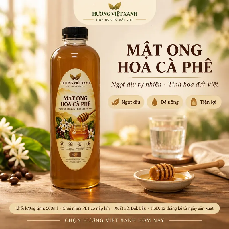 Mật Ong Hoa Cà Phê Nguyên Chất Đắk Lắk 0.5 Lít - Thu Hoạch Tự Nhiên, Không Chất Bảo Quản - ảnh sản phẩm thật, nhãn Hương Việt Xanh