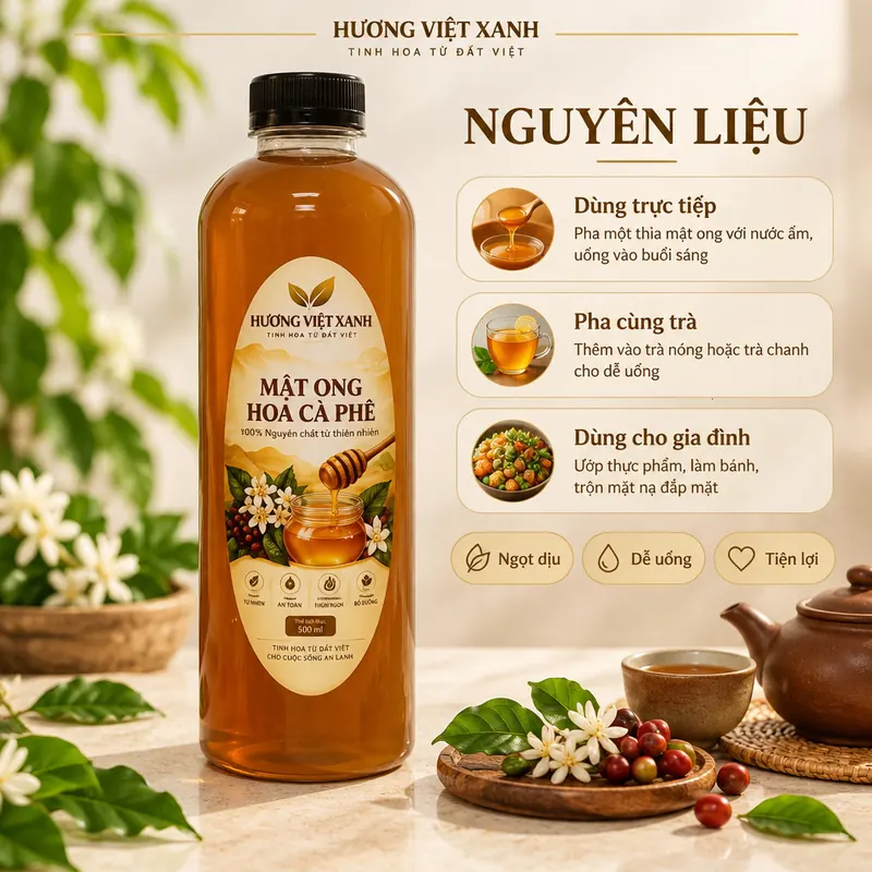 Mật Ong Hoa Cà Phê Nguyên Chất Đắk Lắk 0.5l - Thơm Dịu, Màu Hổ Phách Đẹp - ảnh sản phẩm thật, nhãn Hương Việt Xanh