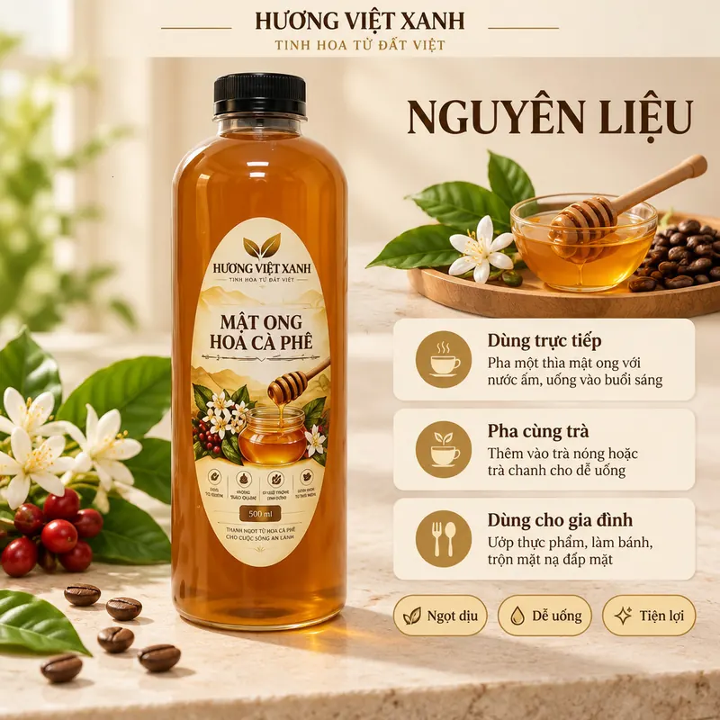 Mật Ong Hoa Cà Phê Nguyên Chất Đắk Lắk 0.5l - Vị Ngọt Thanh Tự Nhiên - ảnh sản phẩm thật, nhãn Hương Việt Xanh