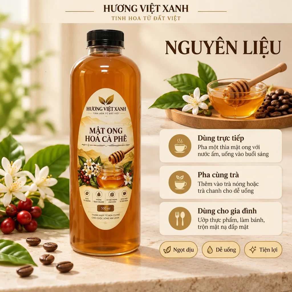 Mật Ong Hoa Cà Phê Nguyên Chất Đắk Lắk 0.5l - Vị Ngọt Thanh Tự Nhiên - ảnh sản phẩm thật, nhãn in Hương Việt Xanh 500 ml