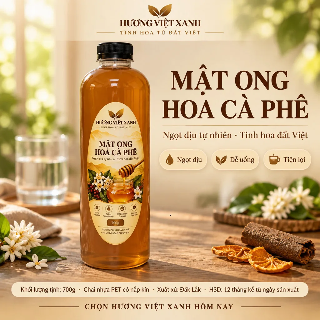 Mật Ong Hoa Cà Phê Nguyên Chất Đắk Lắk 0.7kg - Đặc Sánh, Dùng Pha Nước Đắp Mặt - ảnh sản phẩm thật, nhãn in Hương Việt Xanh 700 g