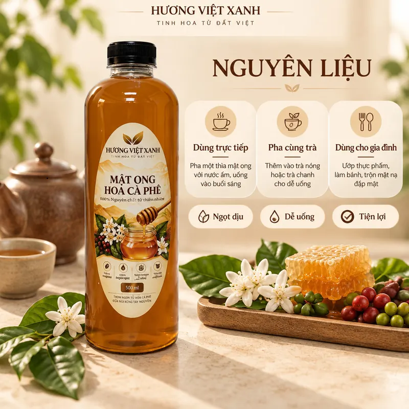 Mật Ong Hoa Cà Phê Nguyên Chất Đắk Lắk 0.7kg - Thơm Dịu, Màu Hổ Phách Đẹp - ảnh sản phẩm thật, nhãn Hương Việt Xanh