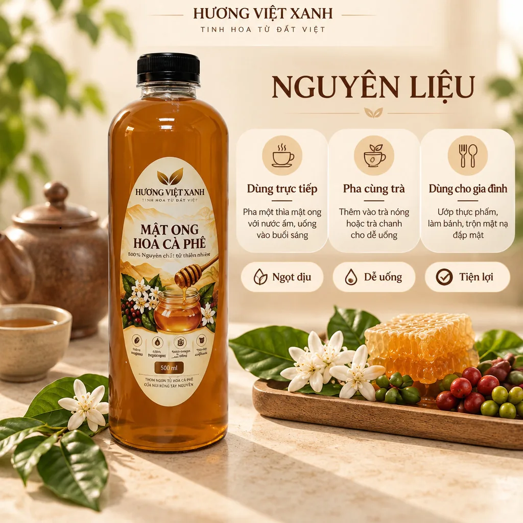 Mật Ong Hoa Cà Phê Nguyên Chất Đắk Lắk 0.7kg - Thơm Dịu, Màu Hổ Phách Đẹp - ảnh sản phẩm thật, nhãn in Hương Việt Xanh 700 g