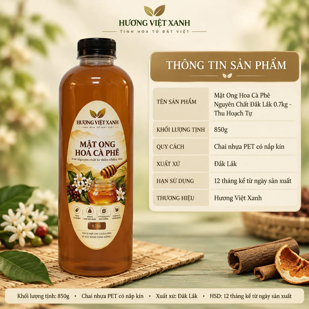 Mật Ong Hoa Cà Phê Nguyên Chất Đắk Lắk 0.7kg - Thu Hoạch Tự Nhiên, Không Chất Bảo Quản - ảnh sản phẩm thật, nhãn in Hương Việt Xanh 700 g