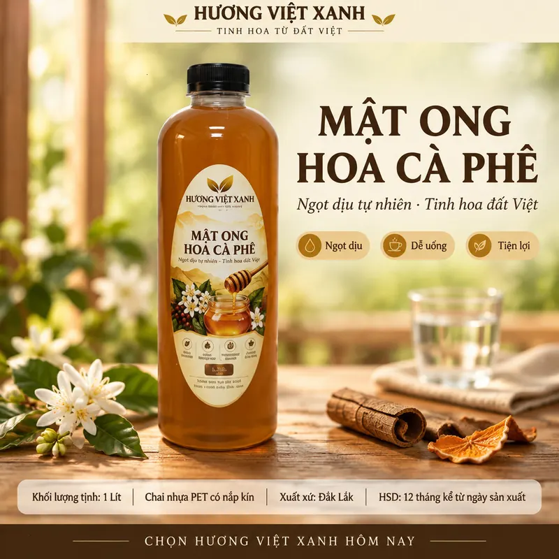 Mật Ong Hoa Cà Phê Nguyên Chất Đắk Lắk 1.4kg - Thơm Dịu, Màu Hổ Phách Đẹp - ảnh sản phẩm thật, nhãn Hương Việt Xanh