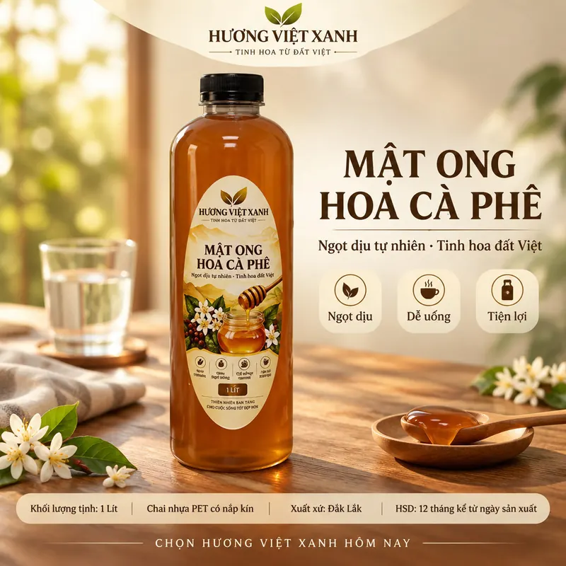 Mật Ong Hoa Cà Phê Nguyên Chất Đắk Lắk 1 Lít - Nguyên Chất 100%, Không Đường - ảnh sản phẩm thật, nhãn Hương Việt Xanh