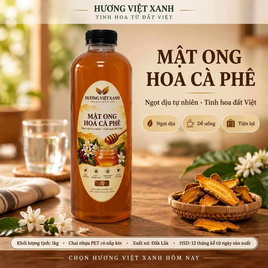 Mật Ong Hoa Cà Phê Nguyên Chất Đắk Lắk 1000g - Sánh Đặc, Không Pha Đường - ảnh sản phẩm thật, nhãn in Hương Việt Xanh 1 kg