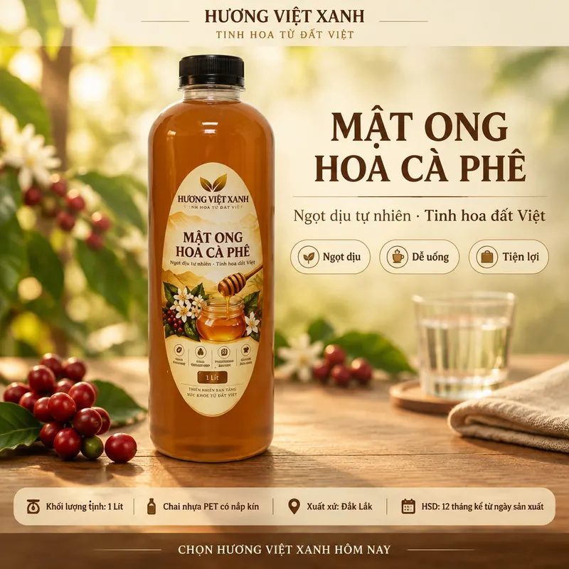 Mật Ong Hoa Cà Phê Nguyên Chất Đắk Lắk 1000ml - Sánh Đặc, Không Pha Đường - ảnh sản phẩm thật, nhãn Hương Việt Xanh
