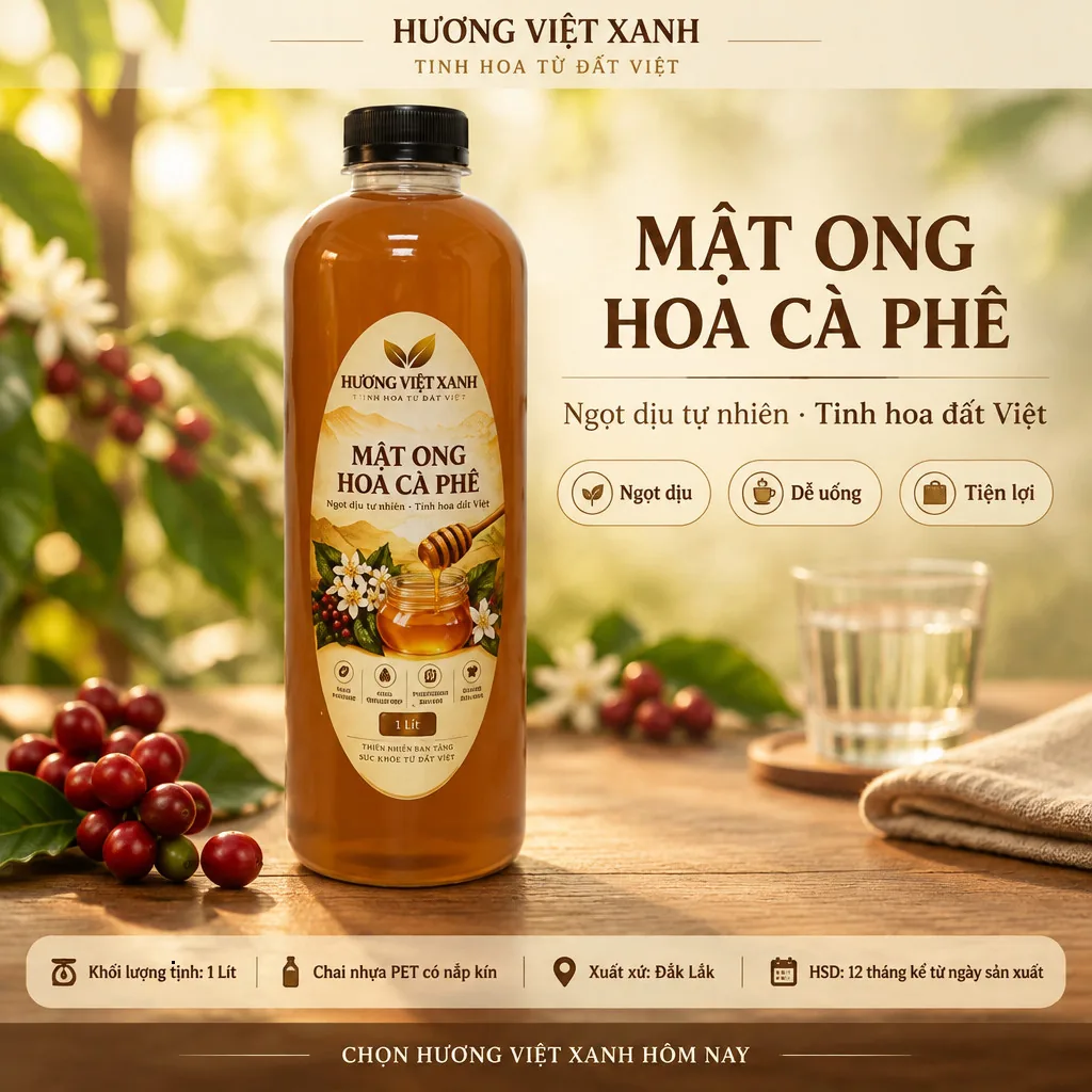 Mật Ong Hoa Cà Phê Nguyên Chất Đắk Lắk 1000ml - Sánh Đặc, Không Pha Đường - ảnh sản phẩm thật, nhãn in Hương Việt Xanh 1 lít