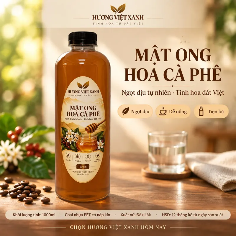 Mật Ong Hoa Cà Phê Nguyên Chất Đắk Lắk 1400 gram - Thu Hoạch Tự Nhiên, Không Chất Bảo Quản - ảnh sản phẩm thật, nhãn Hương Việt Xanh