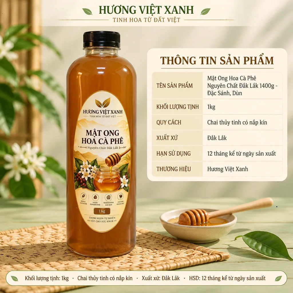 Mật Ong Hoa Cà Phê Nguyên Chất Đắk Lắk 1400g - Đặc Sánh, Dùng Pha Nước Đắp Mặt - ảnh sản phẩm thật, nhãn in Hương Việt Xanh 1.4 kg