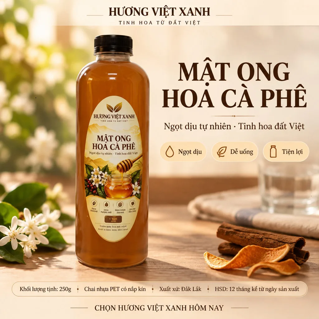 Mật Ong Hoa Cà Phê Nguyên Chất Đắk Lắk 250 gram - Đặc Sánh, Dùng Pha Nước Đắp Mặt - ảnh sản phẩm thật, nhãn in Hương Việt Xanh 250 g