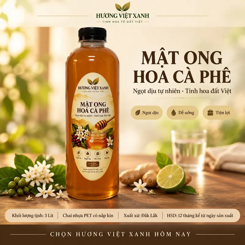 Mật Ong Hoa Cà Phê Nguyên Chất Đắk Lắk 3000 ml - Vị Ngọt Thanh Tự Nhiên - ảnh sản phẩm thật, nhãn Hương Việt Xanh
