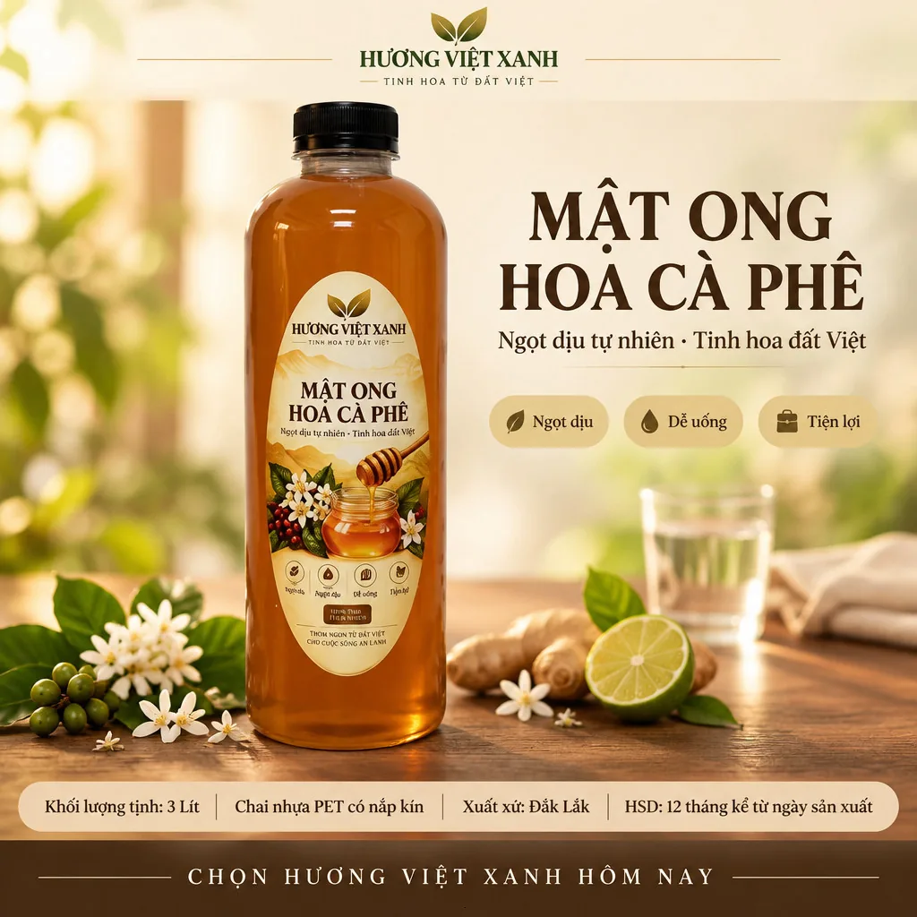 Mật Ong Hoa Cà Phê Nguyên Chất Đắk Lắk 3000 ml - Vị Ngọt Thanh Tự Nhiên - ảnh sản phẩm thật, nhãn in Hương Việt Xanh 3 lít