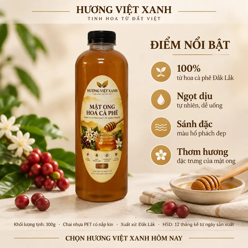 Mật Ong Hoa Cà Phê Nguyên Chất Đắk Lắk 300g - Sánh Đặc, Không Pha Đường - ảnh sản phẩm thật, nhãn Hương Việt Xanh